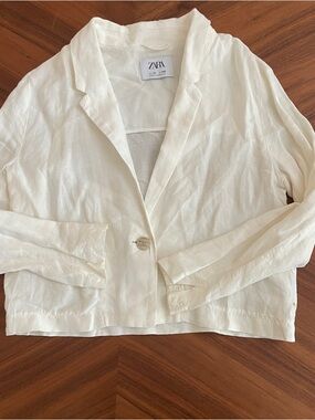 Zara White 100% Linen Single Button Blazer